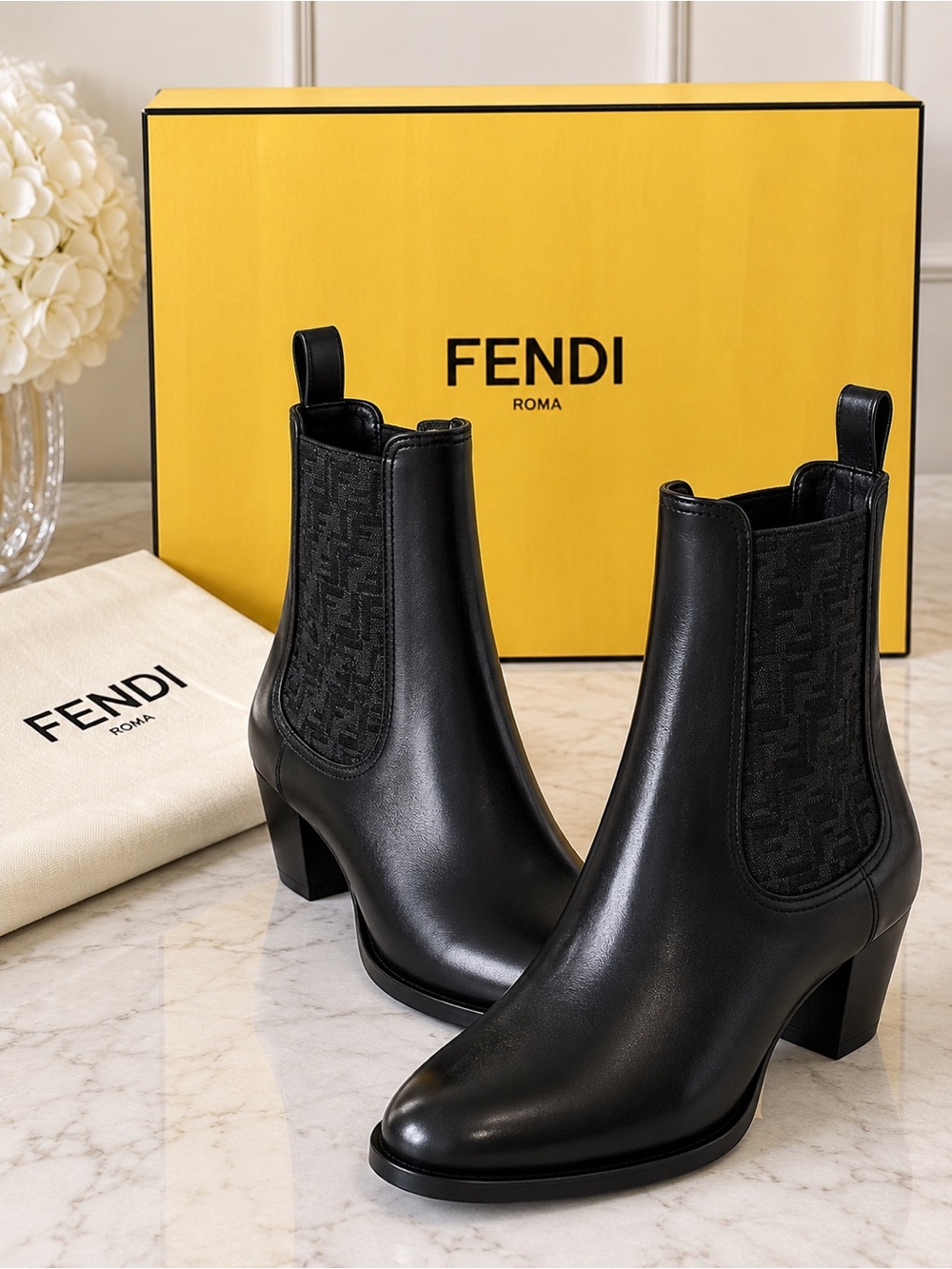 Fendi Black Leather FF Monogram Chelsea Ankle Boots – Size 38.5